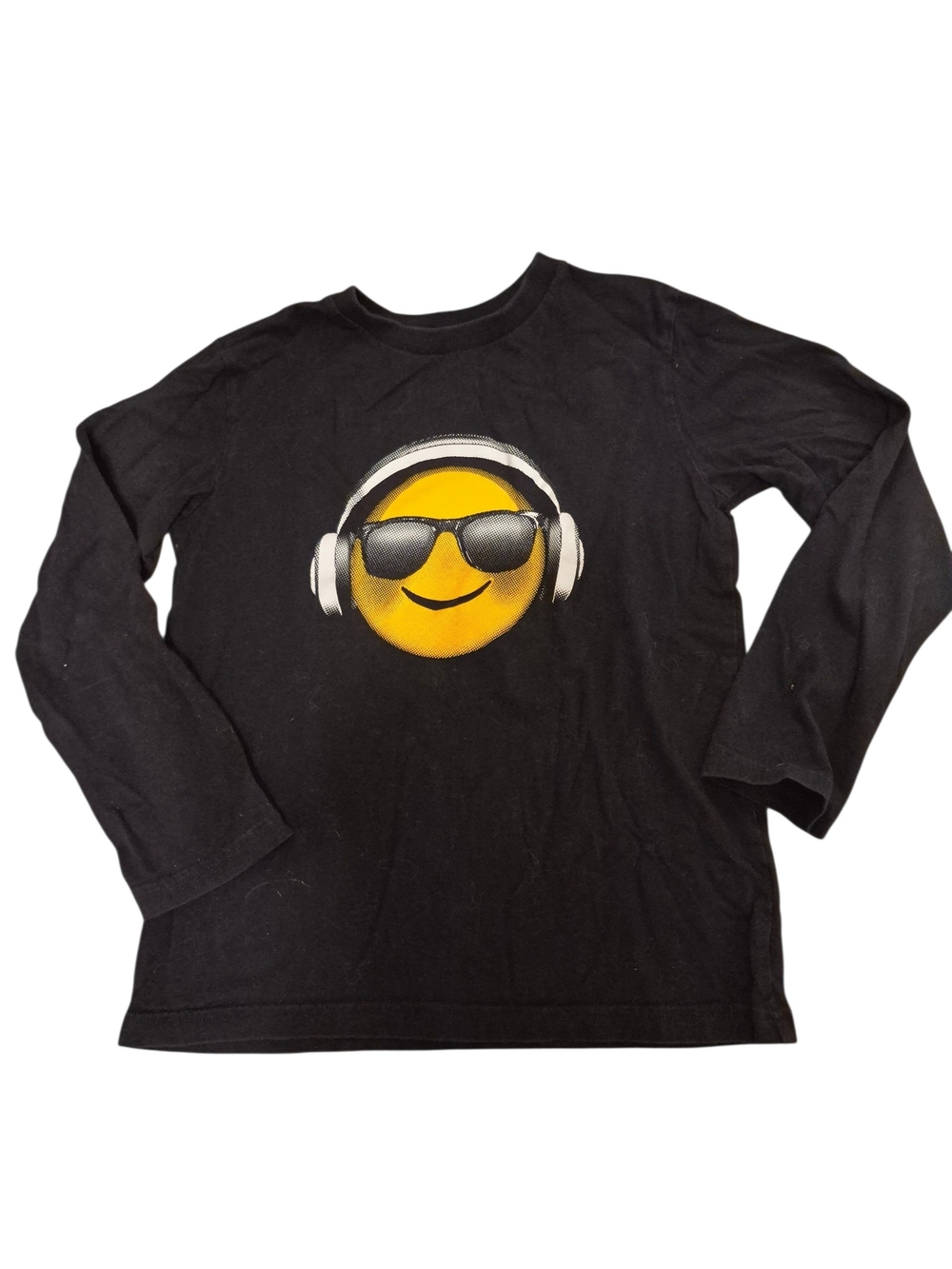Place Black Tee with Yellow Emoji and White Headphones